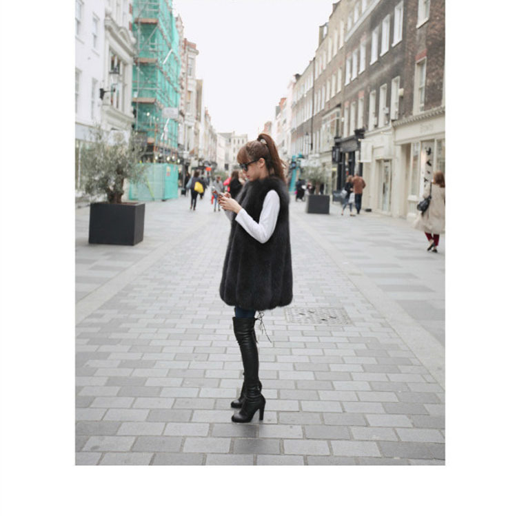 Elegant Genuine Real Fox Fur Vest Fashion Women Medium-long With Belt Fur Waistcoat - Black