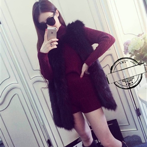 Elegant Genuine Real Fox Fur Vest Fashion Women Medium-long With Belt Fur Waistcoat - Black