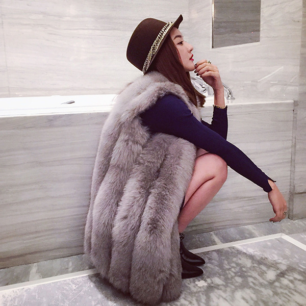 Elegant Genuine Real Fox Fur Vest Fashion Women Medium-long With Belt Fur Waistcoat - Grey