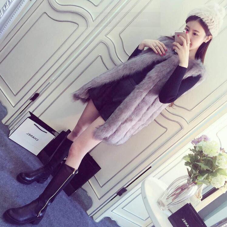 Elegant Genuine Real Fox Fur Vest Fashion Women Medium-long With Belt Fur Waistcoat - Grey