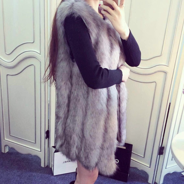 Elegant Genuine Real Fox Fur Vest Fashion Women Medium-long With Belt Fur Waistcoat - Grey