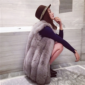 Elegant Genuine Real Fox Fur Vest Fashion Women Medium-long With Belt Fur Waistcoat - Grey