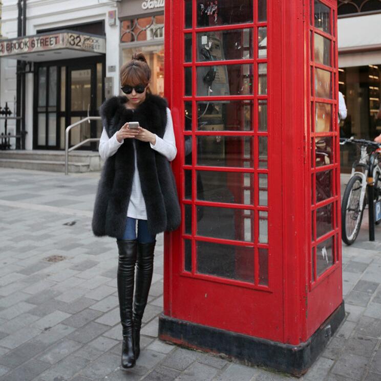 Elegant Genuine Real Fox Fur Vest Fashion Women Medium-long With Belt Fur Waistcoat - Black