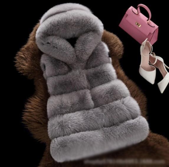 Good Classic Furry Faux Fox Fur Vest Fashion Women Overcoat - Grey