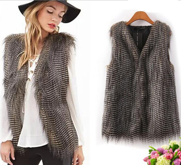 Good Elegant Faux Peacock Feathers Vest Fashion Women Overcoat - Grey