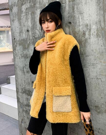 Good Furry Faux Lamb Fur Vest Fashion Women Overcoat - Yellow