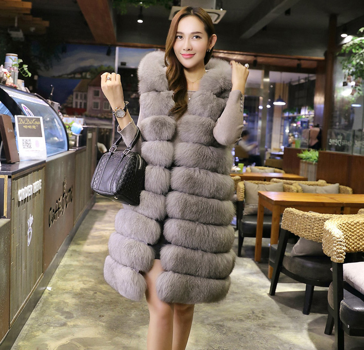 Good Long Big Furry Faux Fox Fur Vest Fashion Women Overcoat - Grey