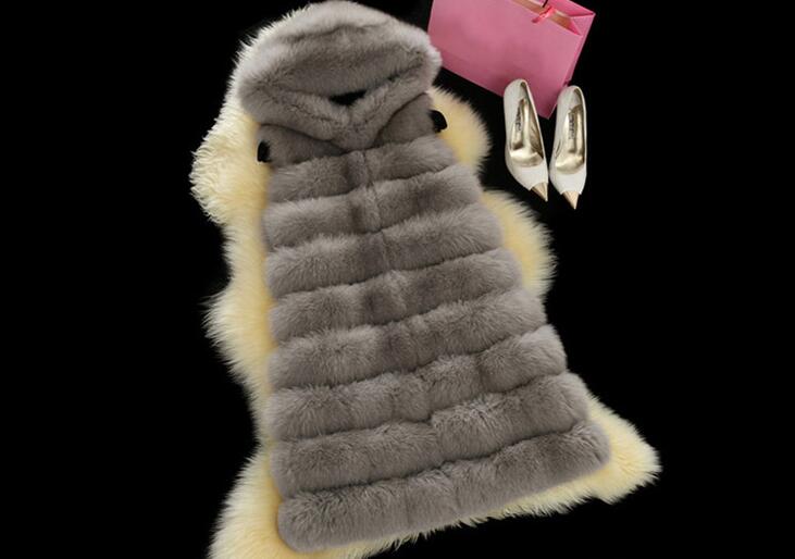 Good Long Big Furry Faux Fox Fur Vest Fashion Women Overcoat - Grey