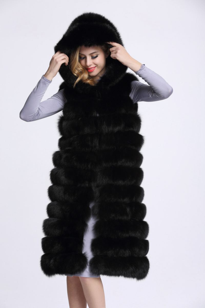 Good Long Furry Faux Fox Fur Vest Fashion Women Overcoat - Black