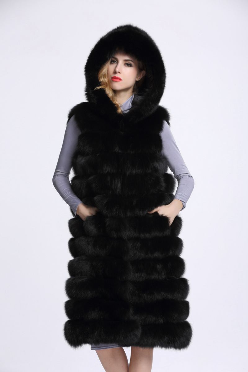 Good Long Furry Faux Fox Fur Vest Fashion Women Overcoat - Black