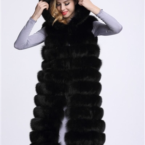 Good Long Furry Faux Fox Fur Vest Fashion Women Overcoat - Black