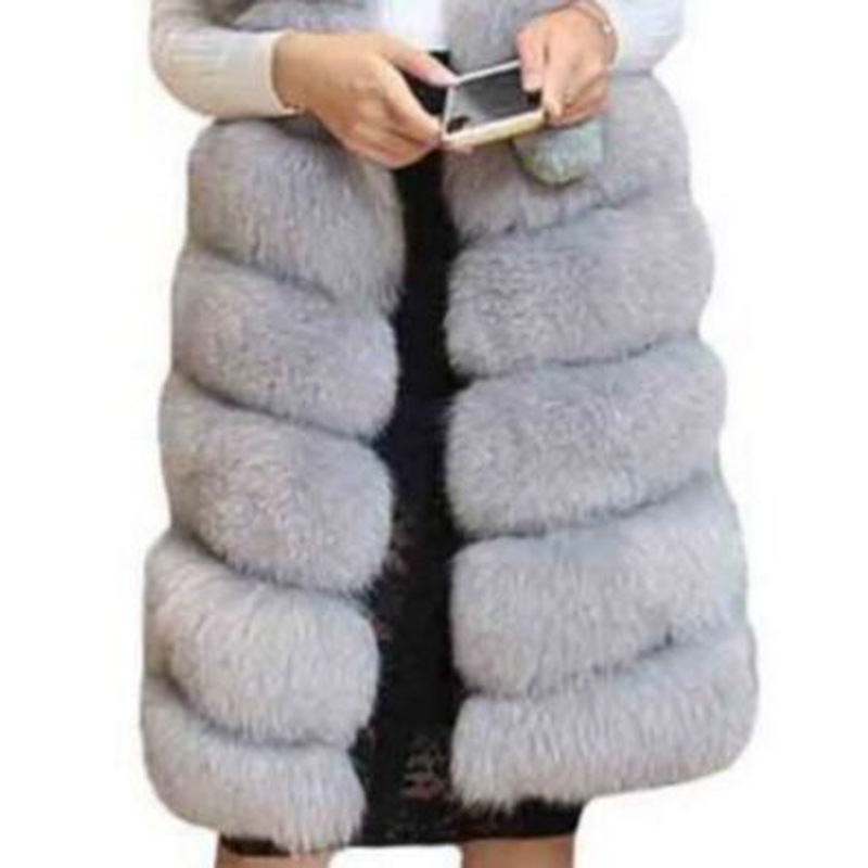 Good Long Furry Faux Fox Fur Vest Fashion Women Overcoat - Gray
