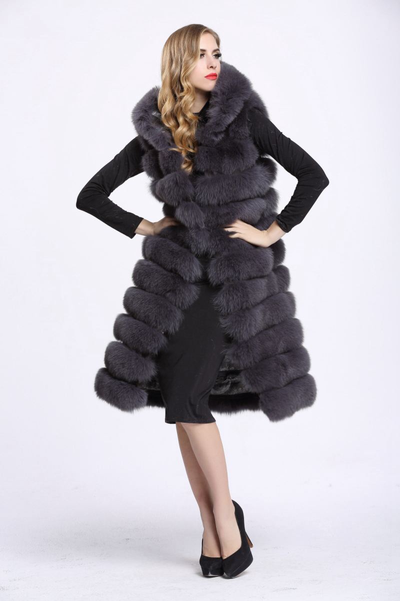 Good Long Furry Faux Fox Fur Vest Fashion Women Overcoat - Grey
