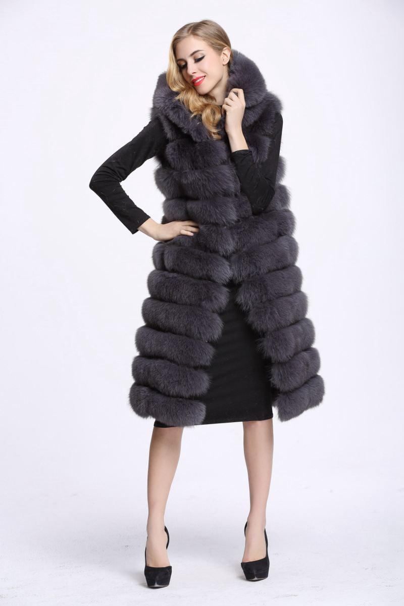 Good Long Furry Faux Fox Fur Vest Fashion Women Overcoat - Grey