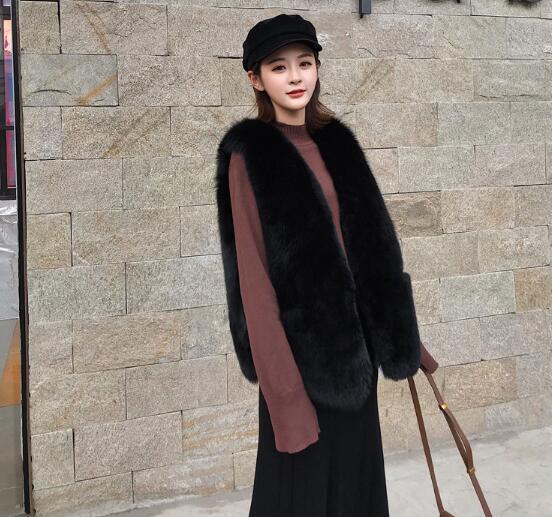 Good Warm Temperament Real Fox Fur Vest Women Overcoat - Coffee