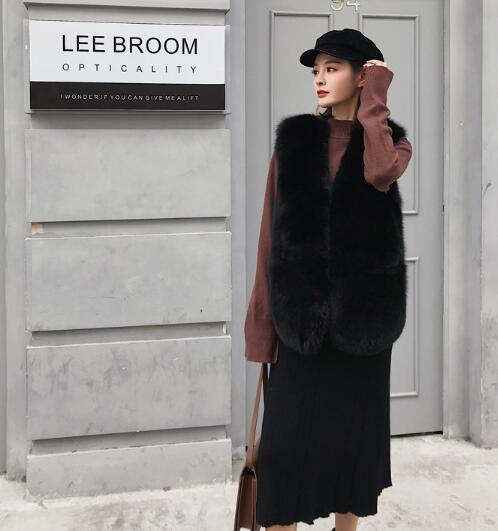 Good Warm Temperament Real Fox Fur Vest Women Overcoat - Coffee