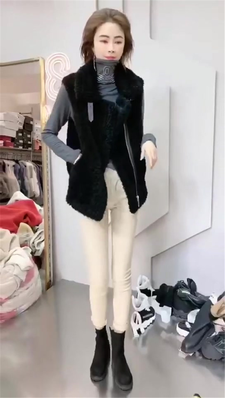 High Quality Winter Elegant Faux Lamb Fur Vest Fashion Women Overcoat - Black