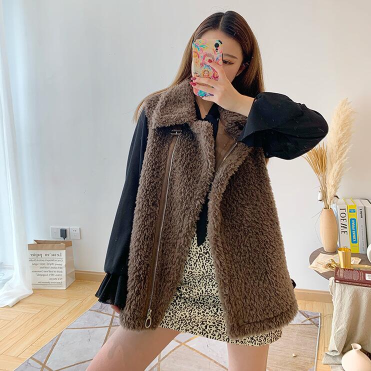 High Quality Winter Elegant Faux Lamb Fur Vest Fashion Women Overcoat - Coffee