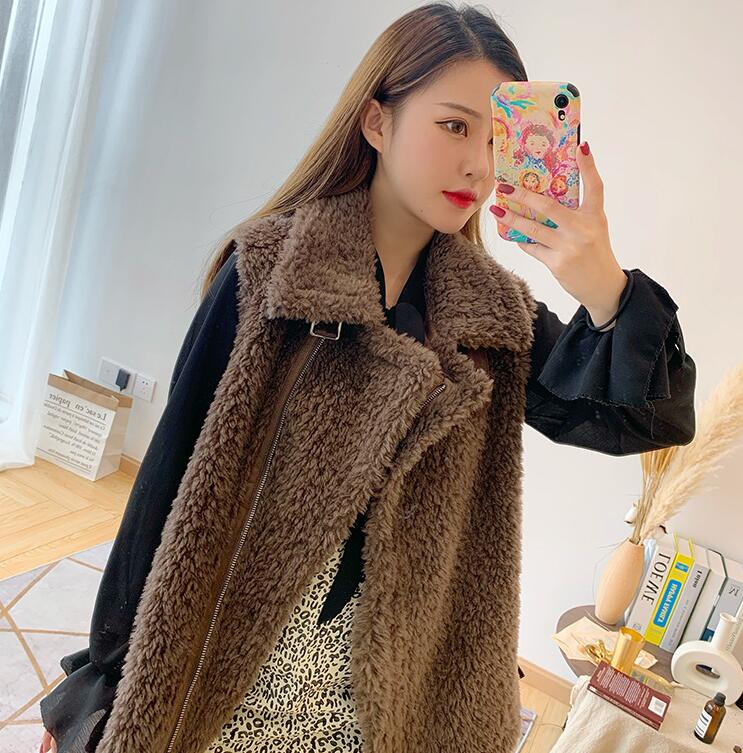 High Quality Winter Elegant Faux Lamb Fur Vest Fashion Women Overcoat - Coffee