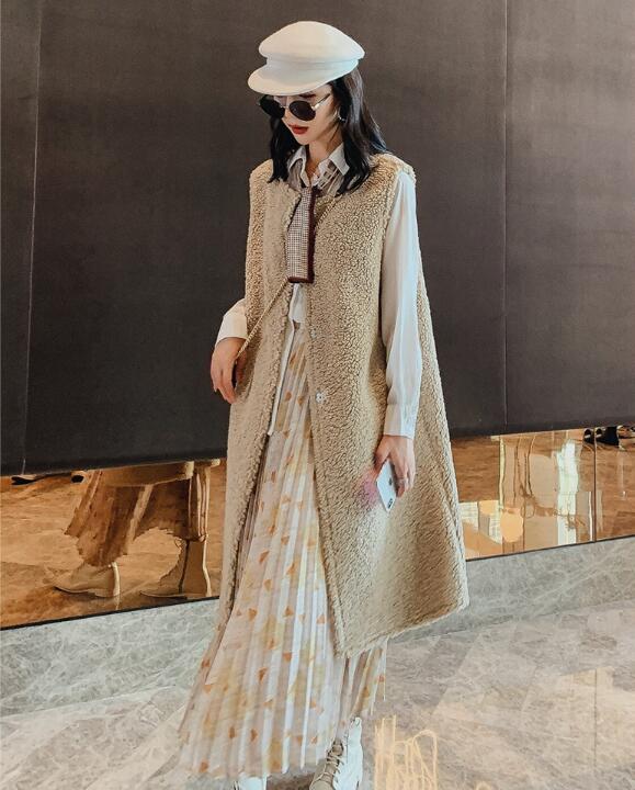 High Quality Winter Long Faux Lamb Fur Vest Fashion Women Overcoat - Khaki