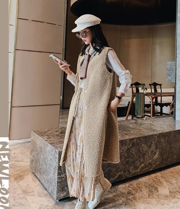 High Quality Winter Long Faux Lamb Fur Vest Fashion Women Overcoat - Khaki