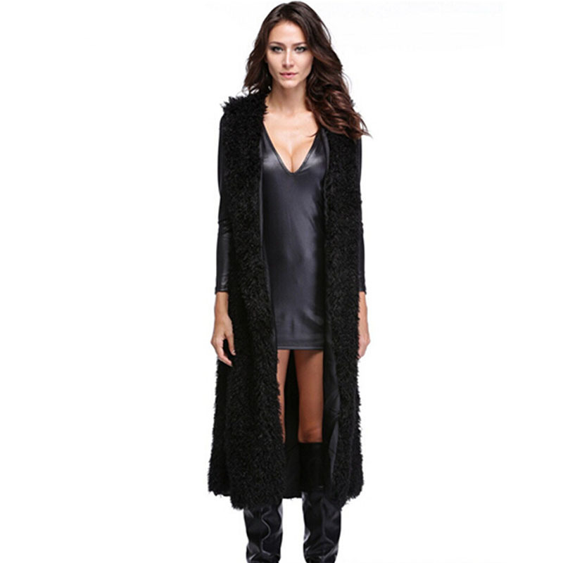 High Quality Winter Long Faux Lamb Fur Vests Fashion Women Overcoat - Black