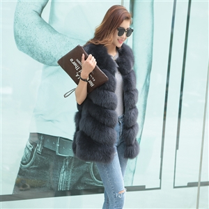 Imported Furry Real Fox Fur Vest Fashion Women Overcoat - Grey 01