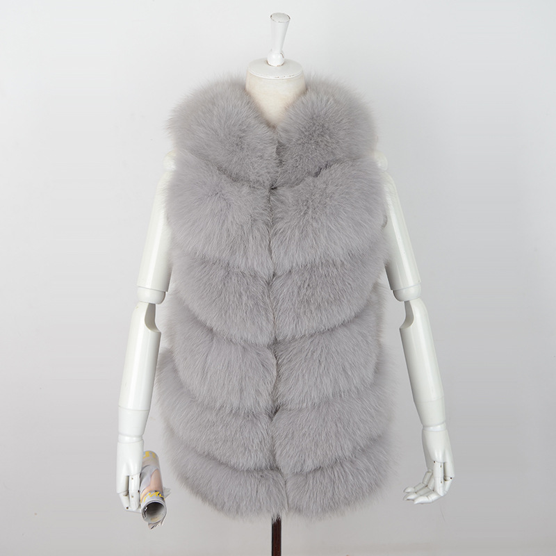 Imported Furry Real Fox Fur Vest Fashion Women Overcoat - Grey