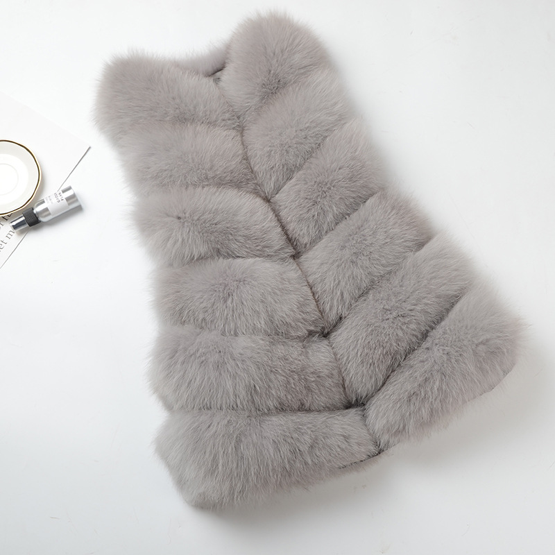 Imported Furry Real Fox Fur Vest Fashion Women Overcoat - Grey