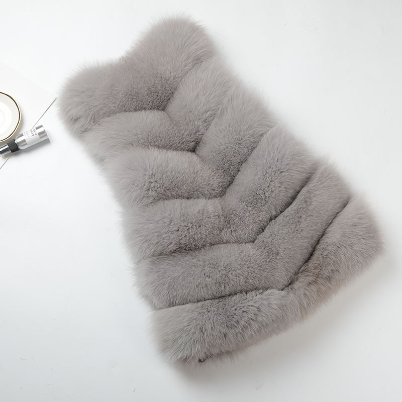 Imported Furry Real Fox Fur Vest Fashion Women Overcoat - Grey