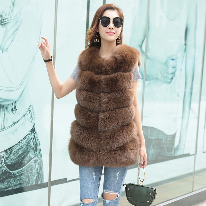 Imported Furry Real Fox Fur Vest Fashion Women Overcoat - Khaki
