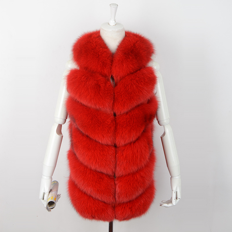 Imported Furry Real Fox Fur Vest Fashion Women Overcoat - Red