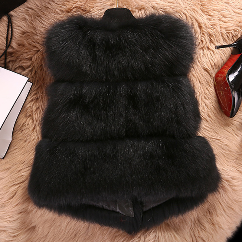 Inexpensive Classic Faux Fox Fur Vest Fashion Women Overcoat - Black