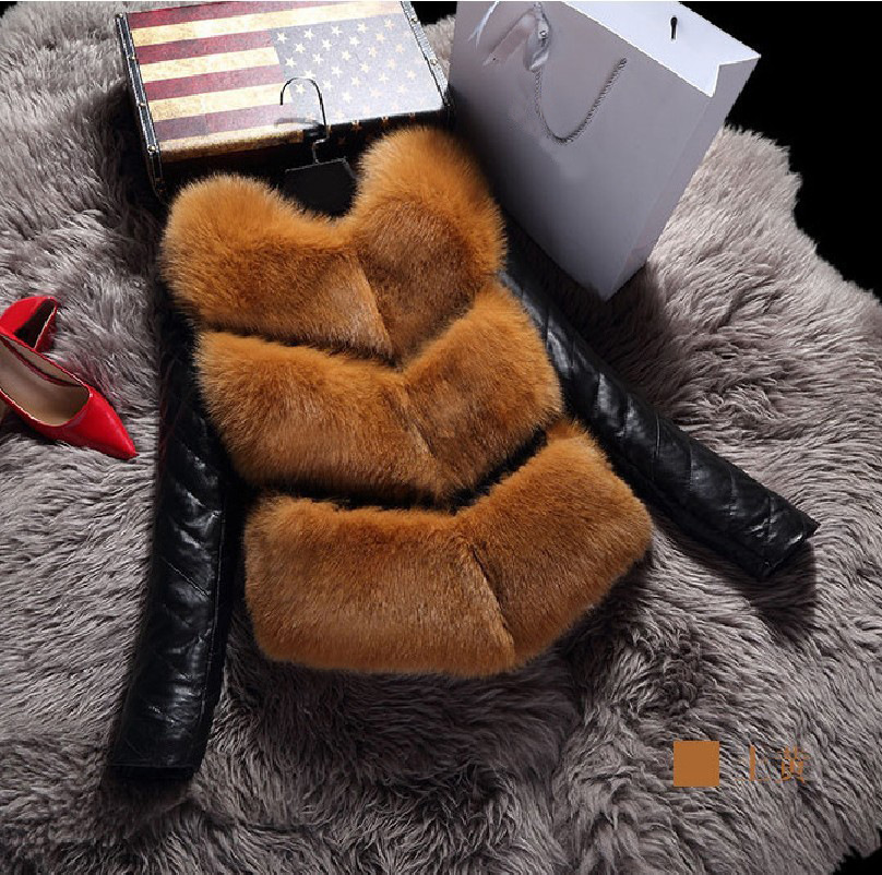 Leather Sleeve Cute Elegant Faux Fox Fur Vest Fashion Women Overcoat - Brown