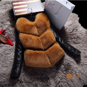 Leather Sleeve Cute Elegant Faux Fox Fur Vest Fashion Women Overcoat - Brown