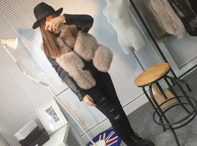 Leather Sleeve Cute Elegant Faux Fox Fur Vest Fashion Women Overcoat - Camel