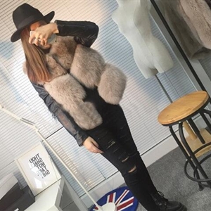 Leather Sleeve Cute Elegant Faux Fox Fur Vest Fashion Women Overcoat - Camel