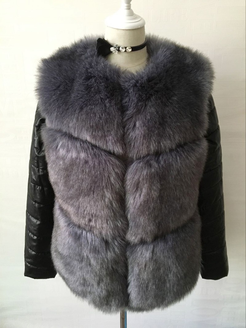 Leather Sleeve Cute Elegant Faux Fox Fur Vest Fashion Women Overcoat - Grey 01