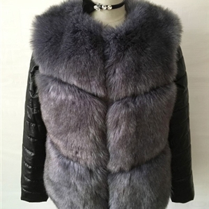 Leather Sleeve Cute Elegant Faux Fox Fur Vest Fashion Women Overcoat - Grey 01