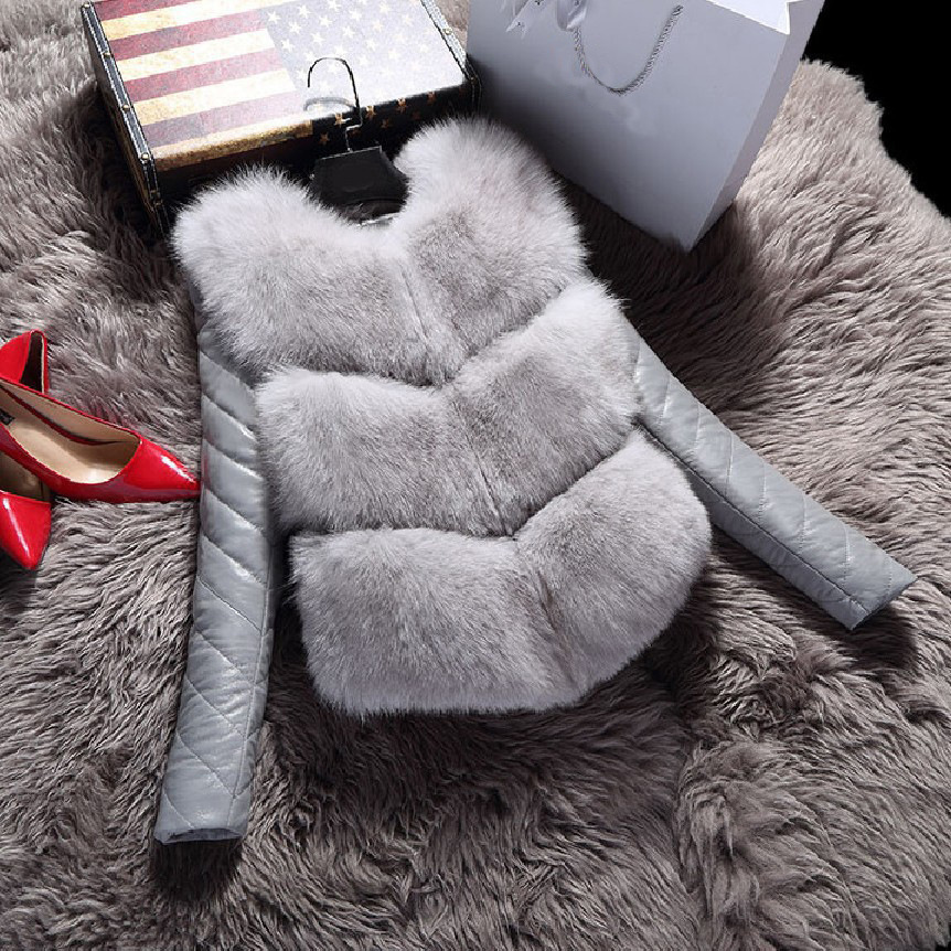 Leather Sleeve Cute Elegant Faux Fox Fur Vest Fashion Women Overcoat - Grey 02