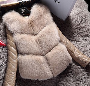 Leather Sleeve Cute Elegant Faux Fox Fur Vest Fashion Women Overcoat - Khaki
