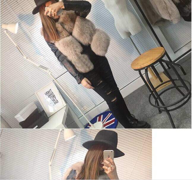 Leather Sleeve Cute Elegant Faux Fox Fur Vest Fashion Women Overcoat - Black