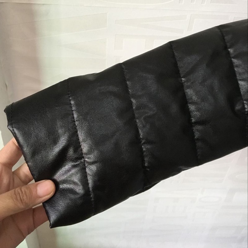 Leather Sleeve Cute Elegant Faux Fox Fur Vest Fashion Women Overcoat - Black