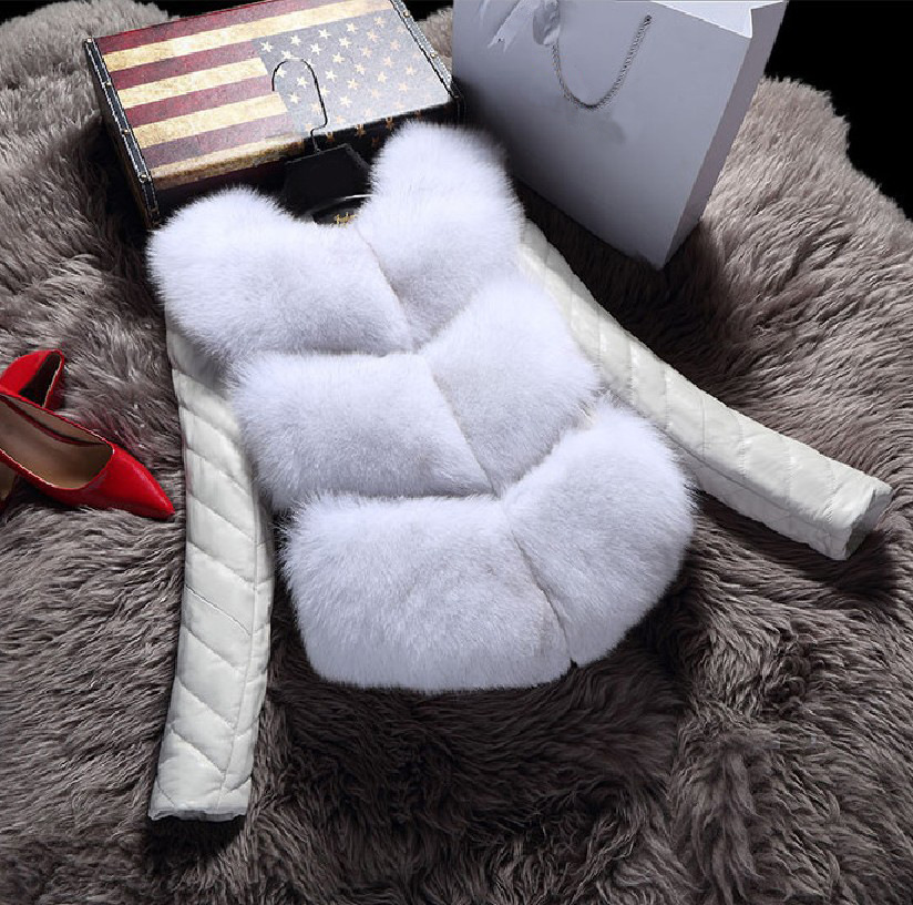 Leather Sleeve Cute Elegant Faux Fox Fur Vest Fashion Women Overcoat - White