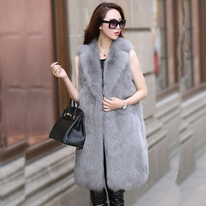 Long  Classic Elegant Faux Fox Fur Vest Fashion Women Overcoat - Gray
