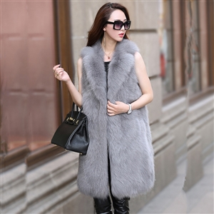 Long  Classic Elegant Faux Fox Fur Vest Fashion Women Overcoat - Gray