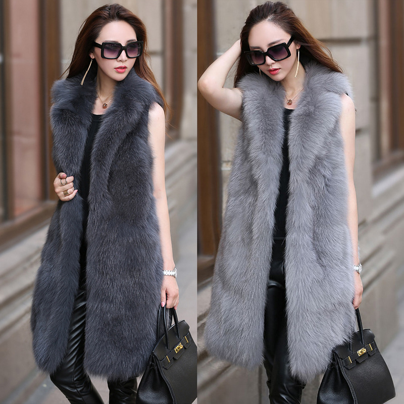 Long  Classic Elegant Faux Fox Fur Vest Fashion Women Overcoat - Gray