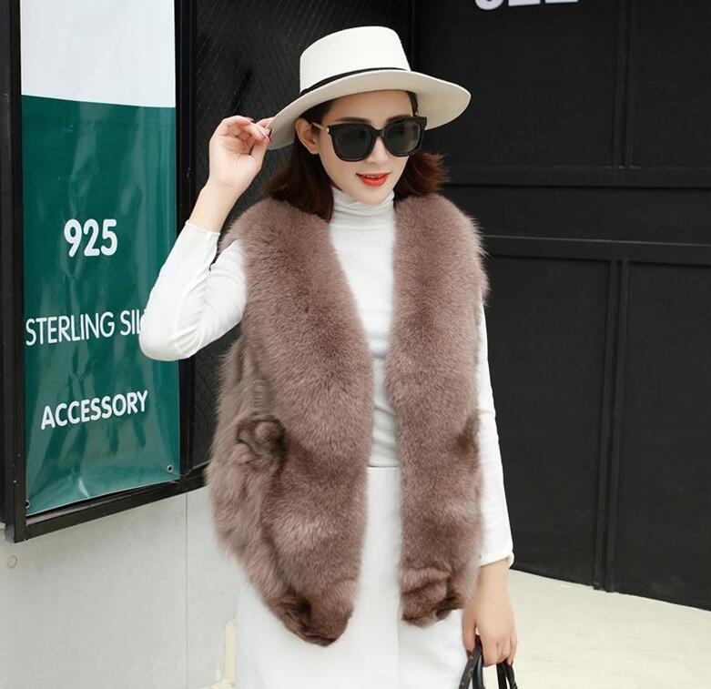 Luxury Winter Elegant Real Fox Fur Vest Fashion Women Overcoat - Bean Paste