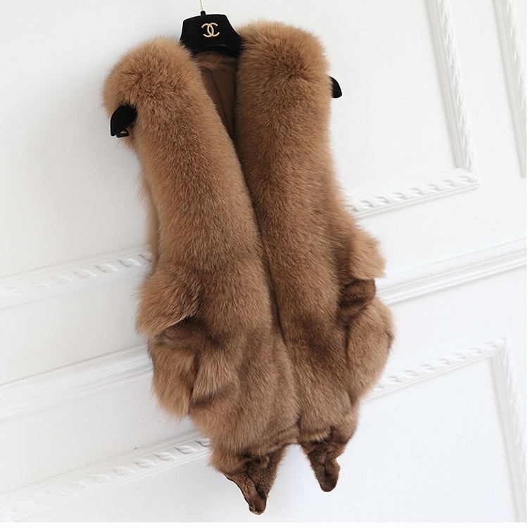 Luxury Winter Elegant Real Fox Fur Vest Fashion Women Overcoat - Camel