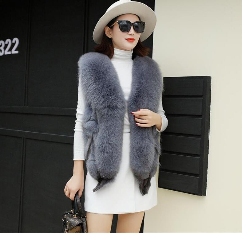 Luxury Winter Elegant Real Fox Fur Vest Fashion Women Overcoat - Grey